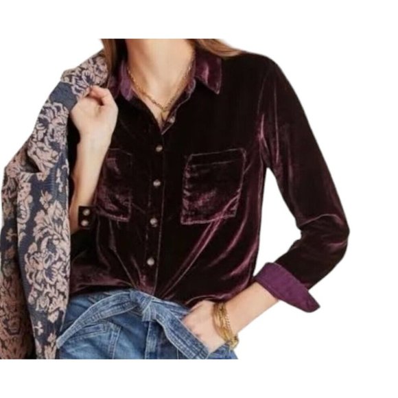 Splendid M Velvet Top Moonstone‎ Button Front Shirt Long Sleeve Deep Purple NWT - Picture 1 of 10